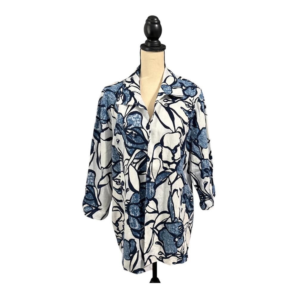 Chico's Wmns Floral Graphic Linen Blend Short Sleeve Jacket Blazer Sz XL Resort